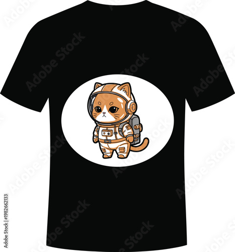 Black t shirt with a cute cartoon cat astronaut design