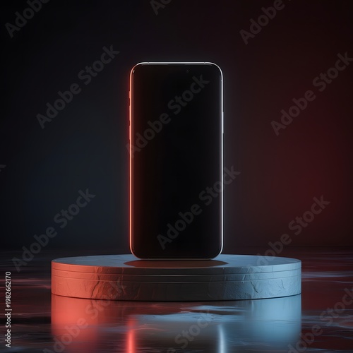 Smartphone mockup standing on circular stage with dramatic red and blue neon light effects.
