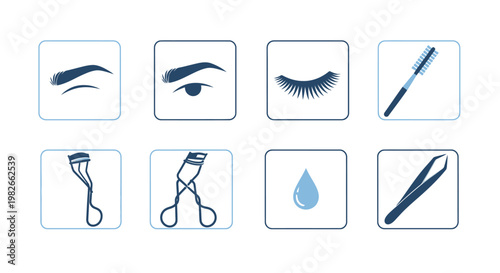 Eyebrow and Eyelash Makeup Icons: Tweezers, Curler, Mascara Brush, Droplet
