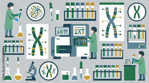 Scientists in lab performing genetic research and analysis.