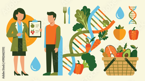 Scientists Conduct Nutrition Genetics Research With DNA And Vegetables.
