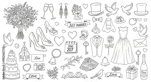 Wedding Elements Collection Hand Drawn Sketch Style.