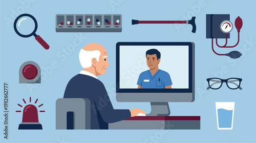 Telemedicine Consultation Between Elderly Patient and Doctor.