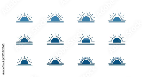 Sunrise Icon Set, Minimalist Sun Rays, Dawn Horizon, Vector Graphics