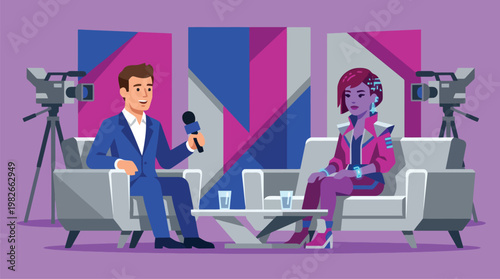 Two People Hosting An Interview On A Talk Show.