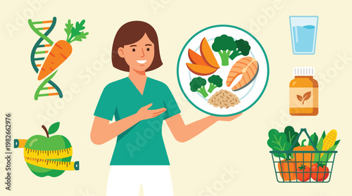 Woman Holding Plate of Healthy Vegetables and Fruit.