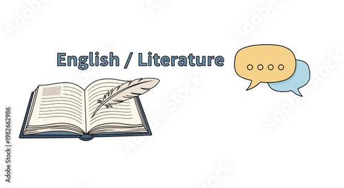 Open Book, Feather Quill, and Speech Bubbles - English Literature and Communication