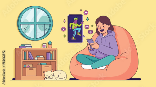 Woman sitting on bean bag using smartphone.