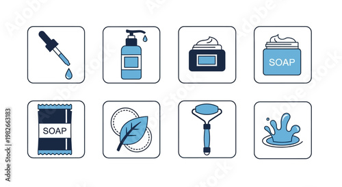 Skincare routine icons: dropper, lotion, cream, soap, cotton pads, jade roller, water splash