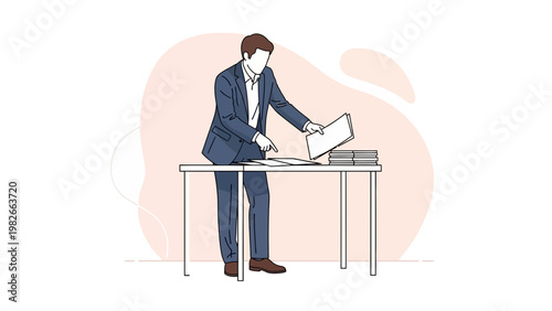 Businessman organizing documents at desk, modern office, business concept