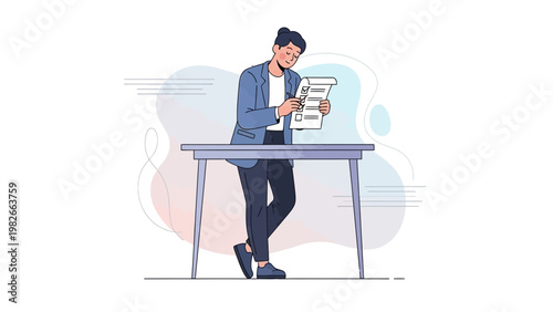 Businessperson reviewing checklist on table, modern flat illustration