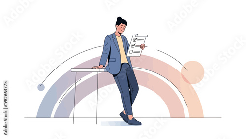 Businesswoman checking checklist on clipboard, leaning on desk with abstract rainbow background
