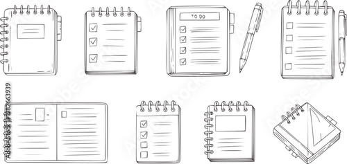 Collection of hand drawn notebooks and pens with to do lists