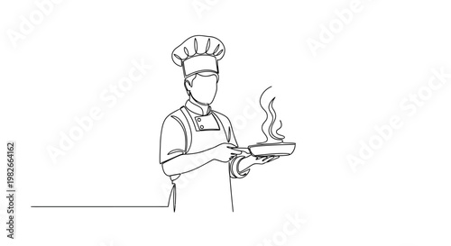 Chef wearing apron and holding plate.