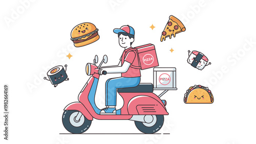 Flat illustration of a food delivery rider on a pink scooter with food icons floating around, against a clean white background.