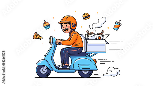 Cartoon delivery man riding a blue scooter with food on the back and various food items floating around him on a white background with a playful mood.