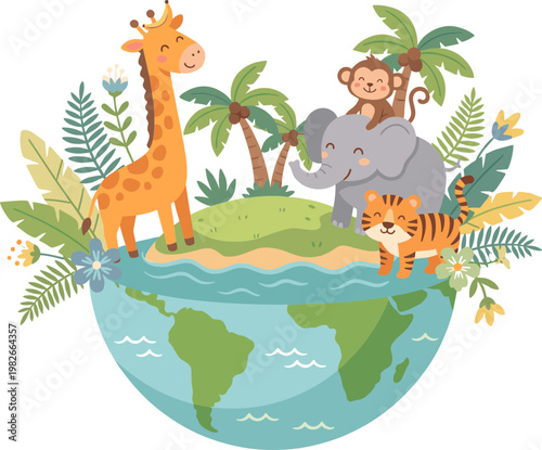 Animals surround the globe with lush tropical plants and water