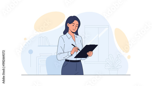 Businesswoman writing on clipboard in modern office, flat design illustration