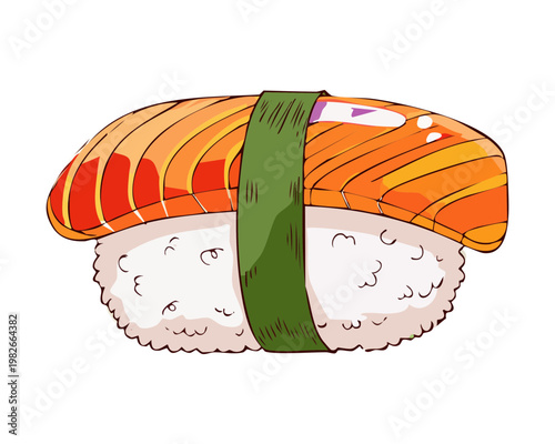 Authentic salmon sushi nigiri wrapped with nori seaweed belt for traditional Japanese cuisine and seafood lovers - Vector Illustration