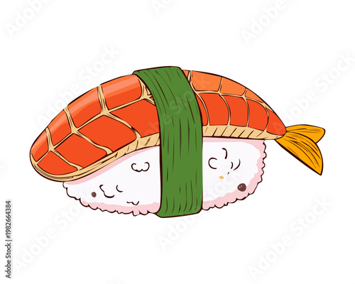 Traditional Japanese nigiri sushi with fresh shrimp and nori seaweed belt on white rice for dining - Vector Illustration