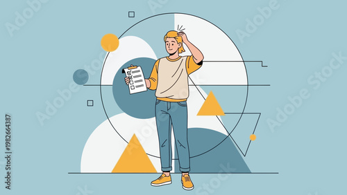 Confused person holding checklist, abstract geometric background, decision making concept