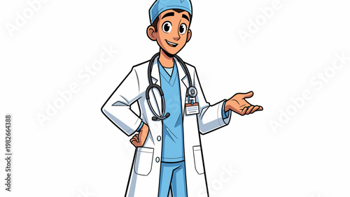 A cartoon doctor in a white lab coat and blue scrubs gestures with a stethoscope around his neck against a plain white background.