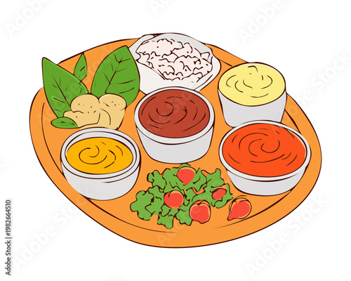 Platter of diverse appetizers and snacks including dipping sauces for social gatherings and catering events - Vector Illustration