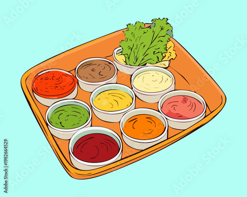 Colorful assortment of dipping sauces and condiments on a tray for party snacks and restaurant service - Vector Illustration