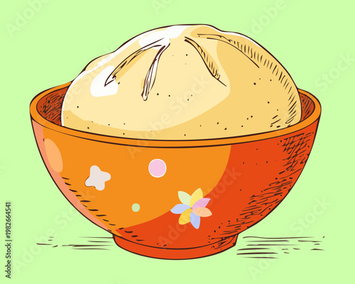 Hot steaming bun in a bowl for traditional Chinese dim sum and breakfast snack street food - Vector Illustration