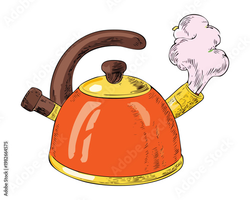 Orange whistling tea kettle with steam for hot beverage and cozy home kitchen morning routine - Vector Illustration