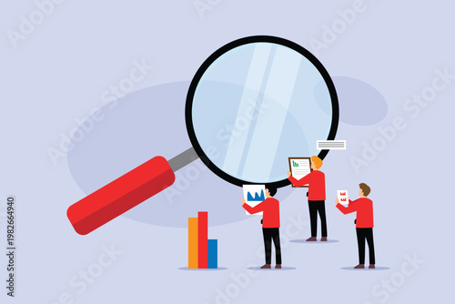 Business Analysis and Data Investigation Concept with People Holding Charts and Giant Magnifying Glass 2d flat vector illustration