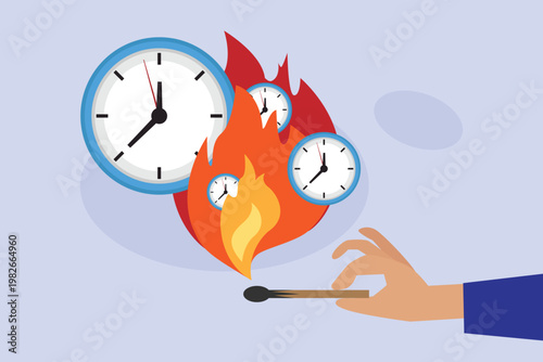 Burning Time Concept Illustration: Hand Lighting Match to Set Clocks on Fire 2d flat vector illustration