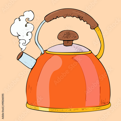 Cuadro en lienzo Traditional orange whistling kettle for stove top use with steam rising for cozy