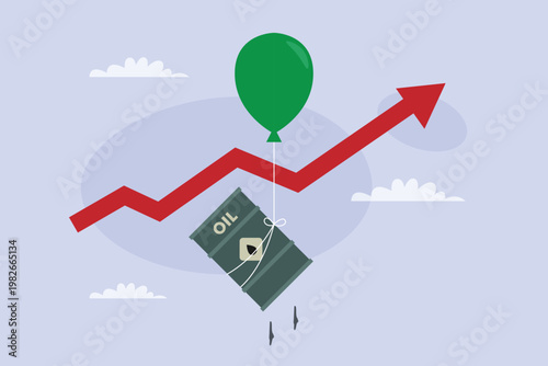 Rising Oil Prices and Energy Inflation Concept with Oil Barrel Floating Upwards Tied to a Green Balloon 2d flat vector illustration