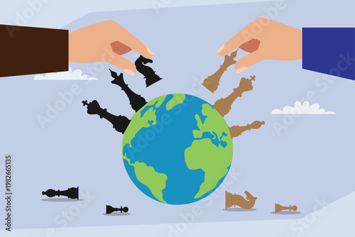Global Strategy and Geopolitics Concept: Hands Playing Chess with Pieces on Planet Earth Globe 2d flat vector illustration