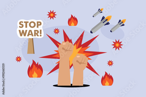 Anti-War Protest with Raised Fists, Missiles, and Stop War Sign 2d flat vector illustration