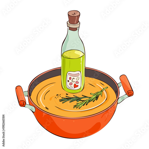 Bottle of vegetable oil seasoning a cooking pan with rosemary for aromatic culinary and gourmet meal preparation - Vector Illustration