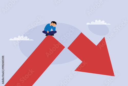 Depressed Businessman Sitting on Broken Red Arrow Representing Financial Failure and Economic Recession 2d flat vector illustration