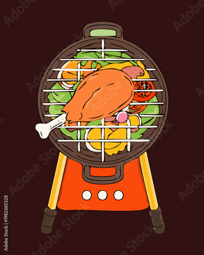 Top view of grilled chicken on a barbecue grill for summer cookout and family dinner concept - Vector Illustration