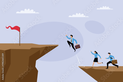Ambitious Businessman Jumping Over Cliff Gap to Reach Goal Flag 2d flat vector illustration