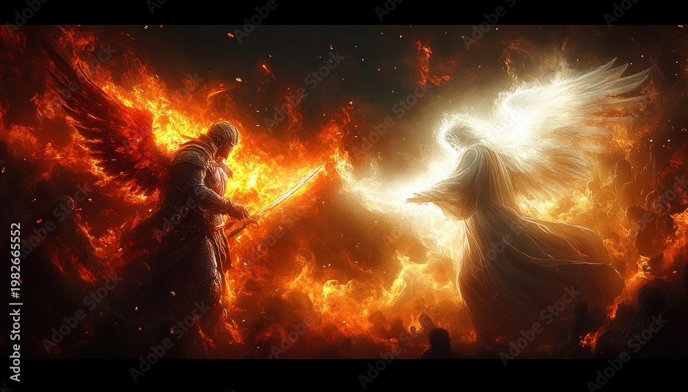 Naklejka premium Fiery armored winged warrior with flaming sword facing a radiant angelic figure in flowing robes with outstretched hand amid roaring flames, an intense epic clash of light and darkness