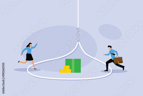 Business People Running into a Rope Lasso Trap for Money Incentive and Financial Risk 2d flat vector illustration