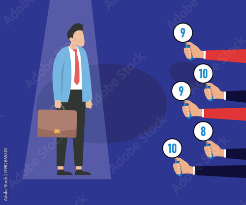 Businessman Performance Review and Employee Evaluation with High Scores 2d flat vector illustration