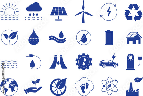A collection of blue environmental and sustainable energy icons set against a white background