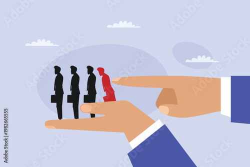 Giant Hand Pushing Business Person Out of Line Representing Layoffs and Job Insecurity