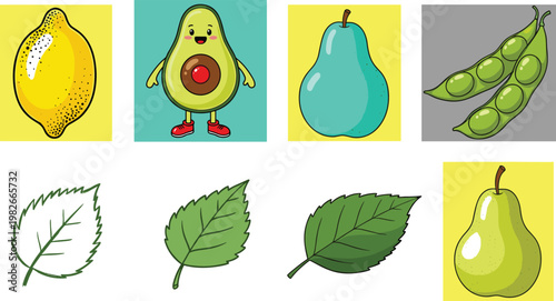 Cute Fruit and Leaf Illustration Set with Avocado Character, Pear, Lemon and Green Leaves Vector Collection