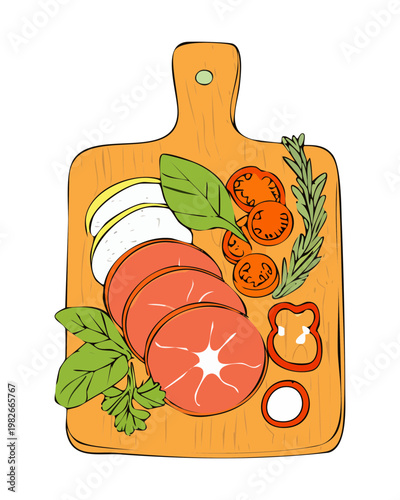 Wooden cutting board with fresh vegetables and tomatoes for healthy cooking and kitchen recipe preparation - Vector Illustration