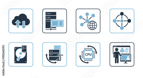 Cloud Computing and Data Center Technology Icons: Server, Network, CPU, Hard Drive