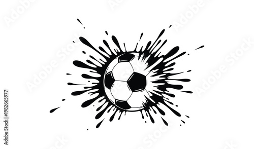 Dynamic black and white illustration of a soccer ball exploding with energy and splatter effects, conveying motion and excitement in a graphic design.