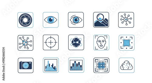 Biometric Technology Icons: Facial Recognition, Eye Scan, Camera, Data Analysis